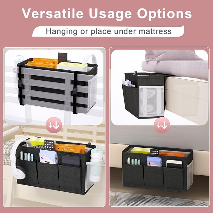 Dual-purpose Bedside Caddy Bedside Organizer, Bed Caddy with 6 Pockets, Versatile Bedside Storage Solution Magazine Remotes holder, ideal for Home, Dorm, Hospital, Crib Bed (Black)-NeatNest