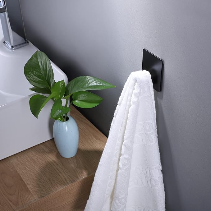 DELITON Adhesive Hooks - 4 Pack Towel/Coat Hooks Wall Hook Stick on Bathroom or Kitchen (Matte Black, Stainless Steel)-NeatNest