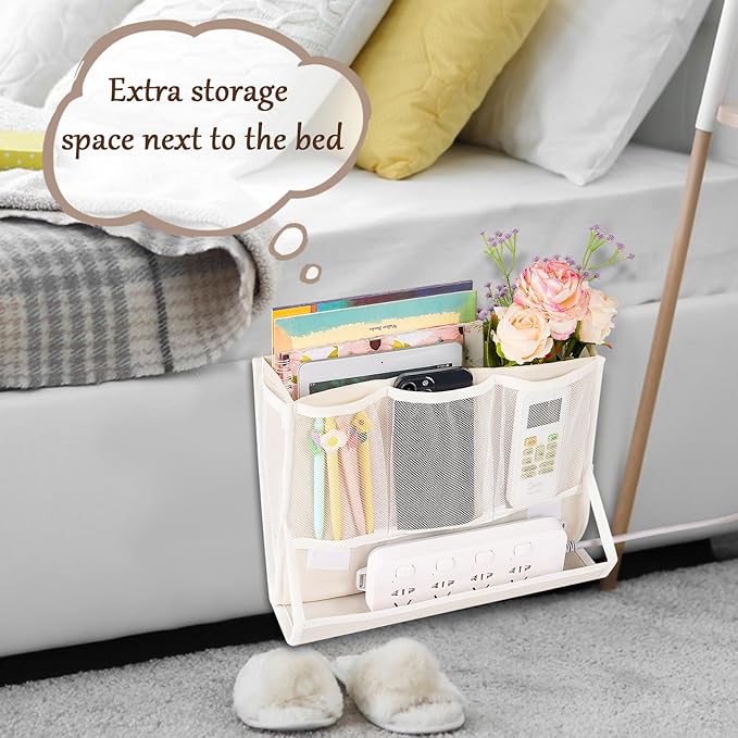 Bedside Caddy Bedside Storage Organizer Bedside Organizer with Power Strip Holder and 2 Adjustable Straps for Home Bunk Bed College Dorm Sofa (White)-NeatNest