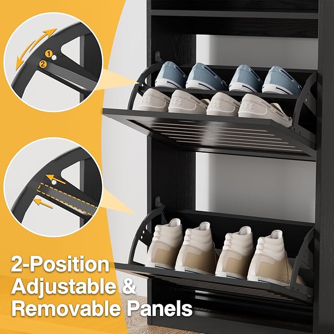 Shoe Storage Cabinet with 2 Flip Drawers & Top Cubby, Shoe Cabinet for Entryway Slim, Free Standing Shoe Rack Cabinet, Narrow Shoe Organizer for Entryway, Hallway, Black-NeatNest