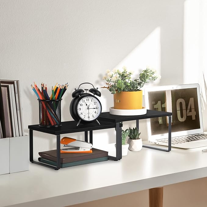 Counter Shelf Organizer Set of 2, Wood Kitchen Cabinet Shelves, Expandable Cabinet Organizer, Stackable Countertop Storage Rack for Bathroom Pantry, Black-NeatNest