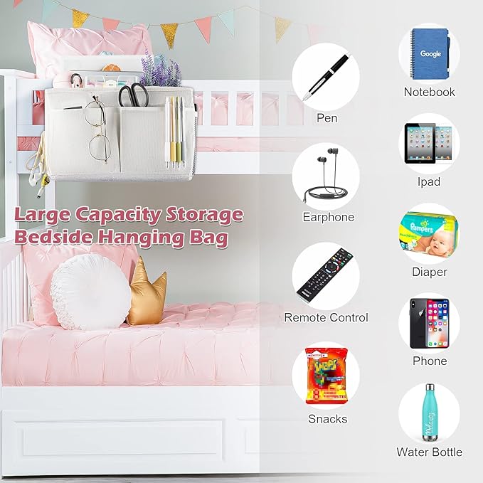 Bedside Caddy Hanging Storage with Water Bottle Holder for Bunk Bed Hospital Bed Dorm Rooms (White)-NeatNest