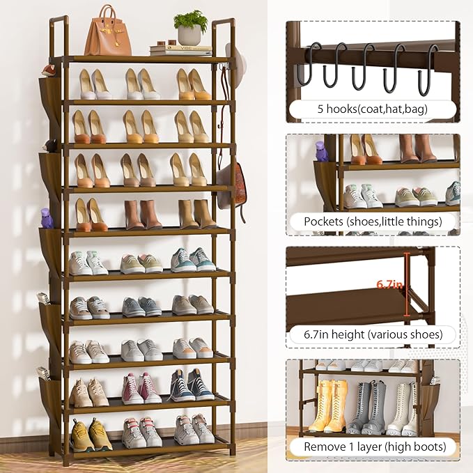 Tall Shoe Rack - 10 Tier Organizer for Closet, 30-35 Pairs, Large Capacity with 5 Hooks and Side Pocket, Sturdy Metal Shoe Shelf, Vertical Shoe Stand Tower-NeatNest