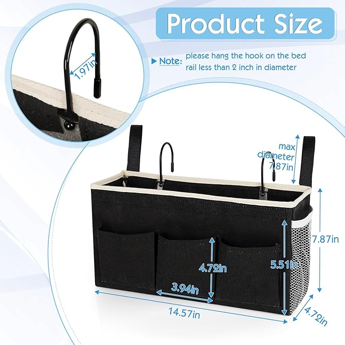 Bedside Storage Caddy/Bedside Hanging Storage Bag for Headboards Bunk Beds Dorm Rooms Book Phone Magazine Holder (New Black)-NeatNest