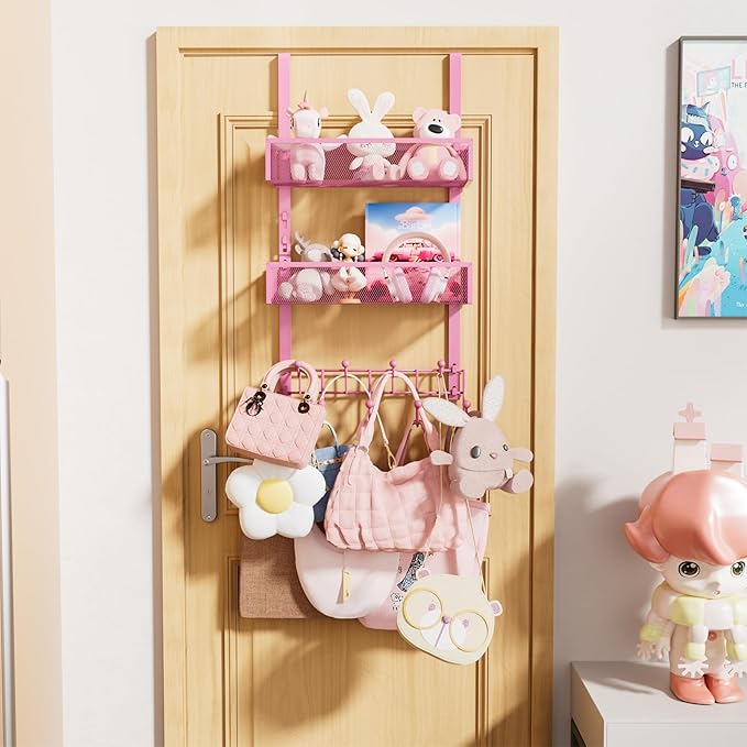 Consumest Over The Door Hooks Organizer - Extra Long Door Hanger with 9 Coat Hooks & 2 Mesh Basket, Back Storage Organizer Hanging Towels for Bathroom, Bedroom - Pink (for 1.76 in Doors)