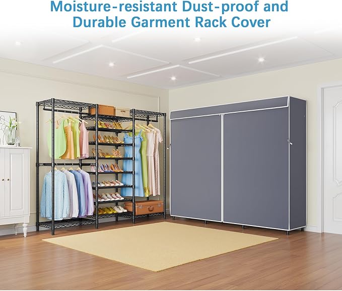 VIPEK S3C Heavy Duty Portable Closet with Adjustable Shoe Rack Wire Shelf, Large Wardrobe Organizer for Bedroom Storage, Freestanding Clothes Rack with Hanging Rod, Custom Black Rack with Grey Cover-NeatNest