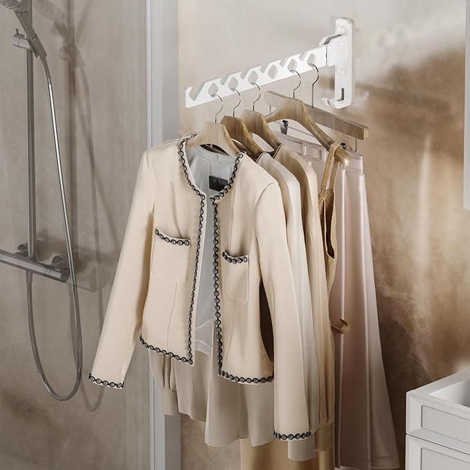 Dr.DJ Wall Mount Coat Hanger Holder White Clothes Drying Organizer Rack Garment Hooks Aluminium Retractable Folding Indoor Wall Mounted Hanger Space Saver for Laundry Room Bedroom White 2Pack-NeatNest