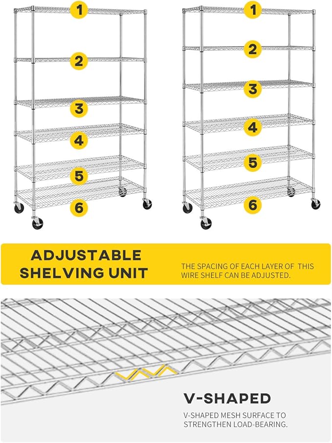 BestOffice 18x48x72 Storage Shelves Commercial Heavy Duty Metal Shelves Garage Organizer Wire Rack Shelving Storage Unit Shelf Adjustable Utility 6000 LBS Capacity,Chrome-NeatNest