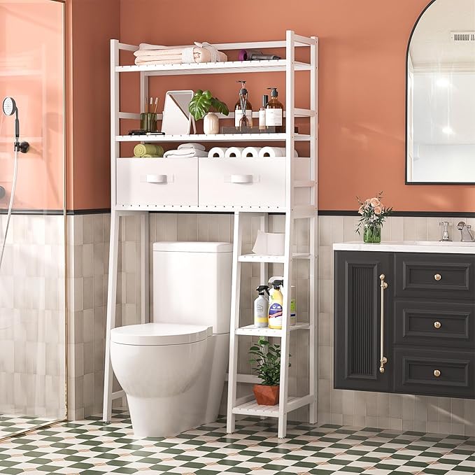 Homykic Over The Toilet Storage Shelf with 2 Fabric Drawers, Bamboo Above Toilet Organizer Tower Rack with Toilet Paper Holder Stand, Bathroom Space Saver, Mass Storage, No Rust, White
