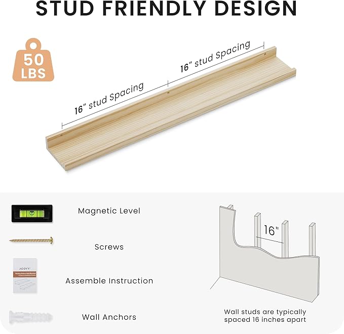 Floating Shelves for Wall, 36 inch Solid Wood Picture Ledge Shelf, Picture Shelf for Wall with Ledge, Floating Book Shelves for living room Bedroom Kitchen Nursery Decor, Natural Unfinished, Set of 2-NeatNest