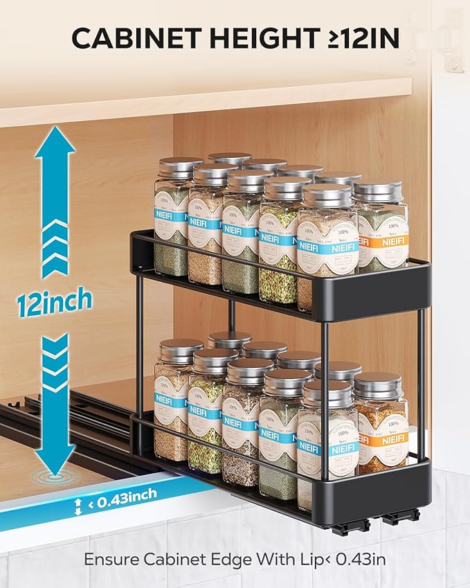 Nieifi Spice Rack Organizer for Cabinet, Vertical Spice Rack Pull Out, Easy to Install, Metal, 4.5''Wx10.35''Dx8.4''H, 1 Pack, 2 Tiers(Black)