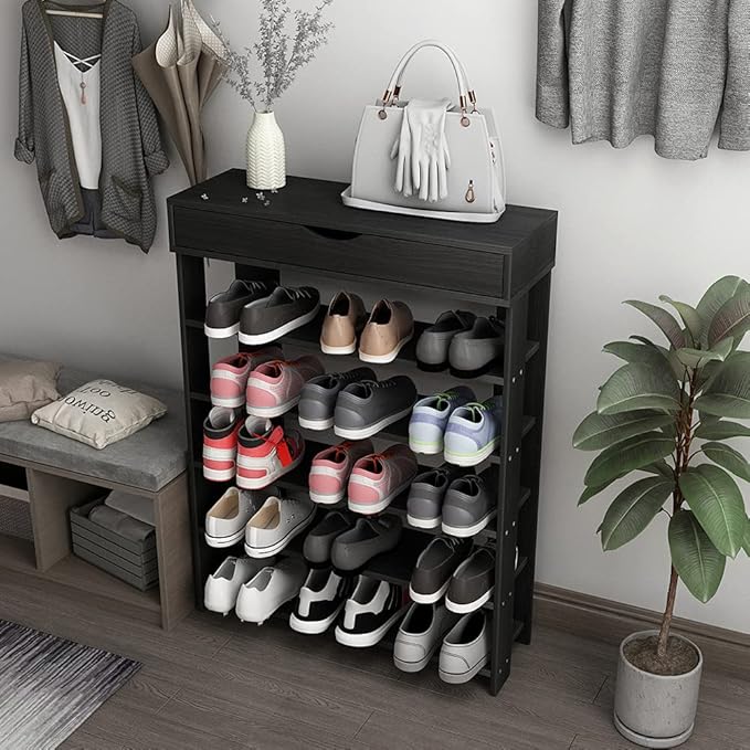 soges 5-Tier Wooden Shoe Rack with Storage Cabinet, 29.5 inches Vertical Free Standing Shoe Shelf, Shoe Organizer Storage Cabinet for Entryway, Living Room, Hallway, Doorway, Black-NeatNest