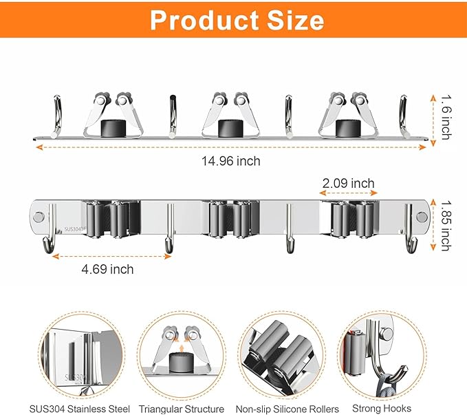 Mop and Broom Holder Wall Mount, Upgraded Broom Organizer Wall Mount, Stainless Steel Broom Hanger Wall Mount for Home Kitchen Garden Laundry Garage (3 Racks with 4 Hooks)-NeatNest