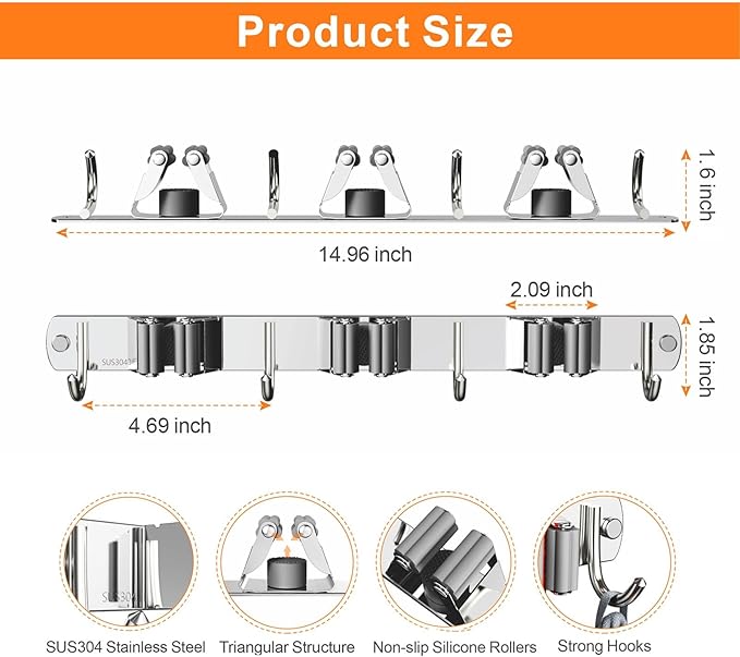 2 Pack Mop and Broom Holder Wall Mount, Non-slip Broom Hanger, Heavy Duty Mop Broom Organizer for Kitchen Garden Garage Laundry Room Wall Decor Organization and Storage Silver 3R4H-NeatNest