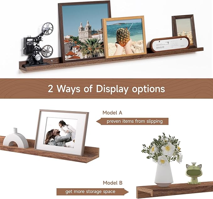 Fun Memories Picture Ledge Shelf, 48 Inch Floating Shelves Set of 2, Large Nursery Book Shelves for Toys Storage, Kids Bookshelf Wall Mounted for Wall Decor Books Photo Frames, Walnut-NeatNest