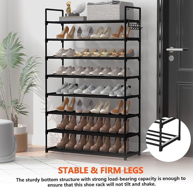 8 Tiers Metal Shoe Rack,Adjustable Shoe Shelf Storage Organizer with Hooks,Stackable Boot & Shoe Storage,for Entryway,Hallway,Closet,Black-NeatNest