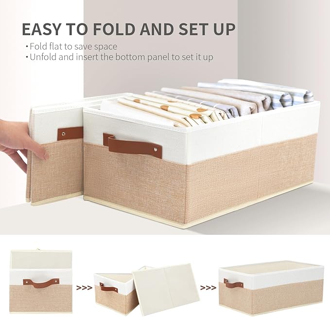 Closet Organizer Bins 3 Pack, Large Storage Bins for Shelves, Foldable Closet Storage Boxes Baskets with Leather Handles for Organizing Clothes, Sheets, Jeans, Toys, Books(Begie)-NeatNest