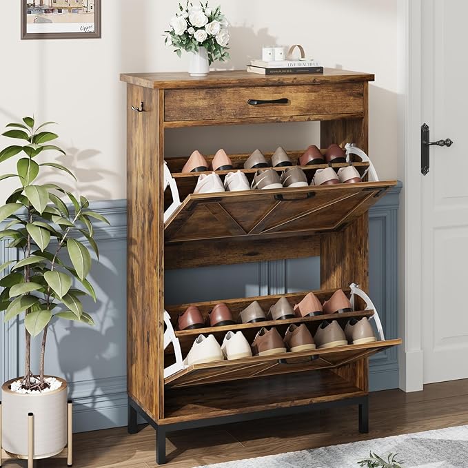 Shoe Storage Cabinet with 2 Flip Drawers, Narrow Shoe Cabinet for Entryway with 1 Top Drawer, Freestanding Hidden Shoe Rack Cabinet with Metal Legs for Foyer, Hallway (Rustic Brown)-NeatNest