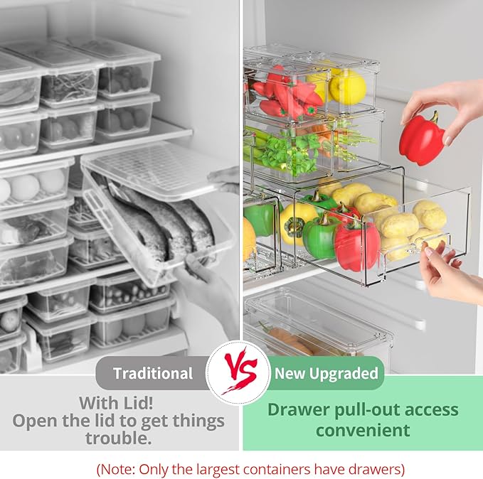 14Pack Fridge Organizer Bins, Clear Refrigerator Organizing Containers with Lids and Refrigerator Drawers, Stackable Food, Vegetable and Fruit Containers for Fridge Organizers and Storage