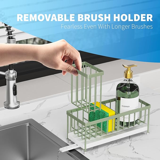 Cisily Sage Green Sponge Holder for Kitchen Sink, Sink Caddy Organizer with High Brush Holder, Kitchen Countertop Organizers and Storage Essentials, Rustproof 304 Stainless Steel, Soap Dispenser-NeatNest