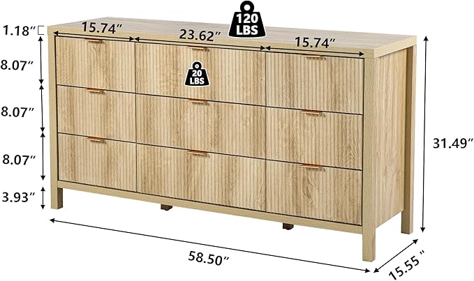 9 Drawer Dresser Cabinet, Long Nightstand with Drawers and Storage Cabinet, Boho Solid Wood Dresser TV Stand, Mid Century Modern Nightstand with 9 Drawer Dresser for Bedroom Closet (Natural)