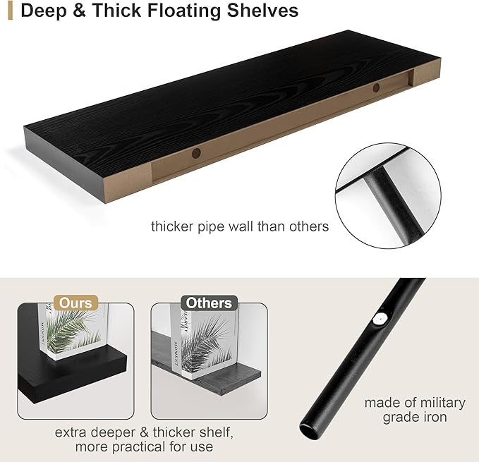 Heimlove Black Bathroom 12'' Deep Floating Shelves for Wall - Shelf Over Toilet Wall Mounted Farmhouse 24 inches,Rustic Wood Shelves Decor & Storage,Set of 1-NeatNest