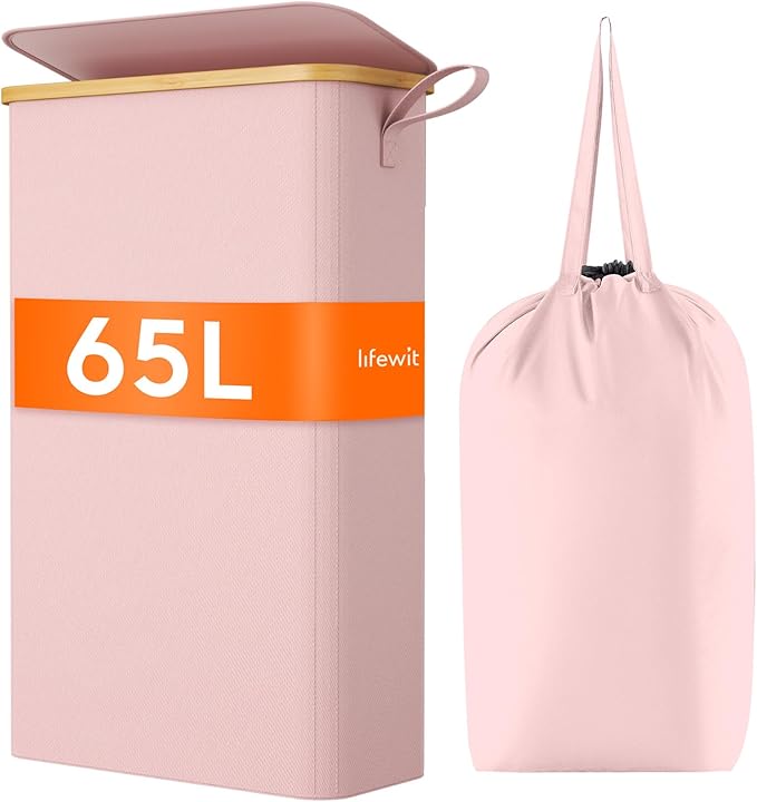 Lifewit 65L Slim Laundry Hamper with Lid, Narrow Laundry Basket with Removable Bag & Bamboo Handles, Fodable Thin Dirty Clothes Hamper for Laundry Collapsible Bin for Bathroom Bedroom Dorm, Pink-NeatNest