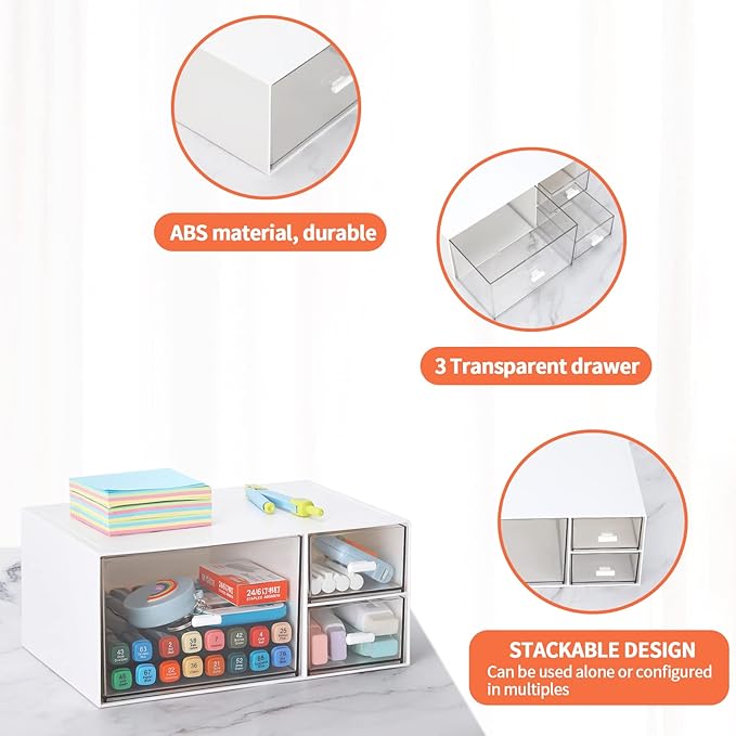 LETURE Desk Office Stationery Organizer with 3 Drawers, Desktop Vanity Makeup Organizer, Plastic Sundries Cosmetic Storage Organizer for Bathroom Counter or Dresser (White-3 Drawer)-NeatNest