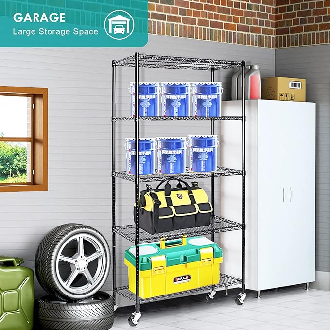 5 Tier Wire Shelving Unit, Adjustable Metal Storage Rack, Mobile Wire Shelves for Kitchen, Laundry, Bathroom, Pantry, Closet Organization (17.7" D x 35.5" W x 71" H, Black)