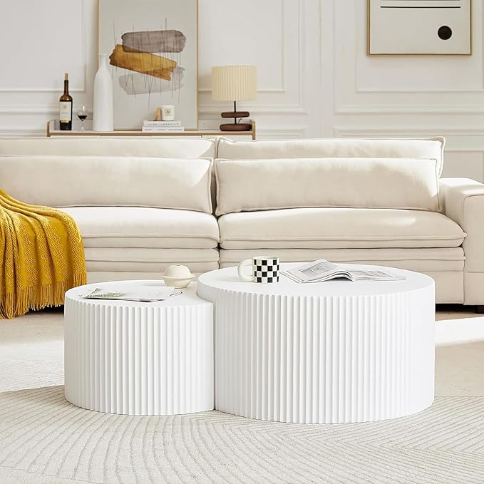 Round Wood Coffee Table Set of 2 Modern Circle Nesting Coffee Table Handcrafted Drum Nesting Table Nesting Coffee Tables for Living Room for Small Space (Cream (D27.56+D19.69 inch))