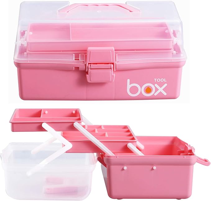 12'' Three-Layer Clear Plastic Storage Box with Handle, Craft Tool Box, 3 Layer Pink Tackle Box for Women, Organizer Box for Sewing Art and Cosmetic (Pink)