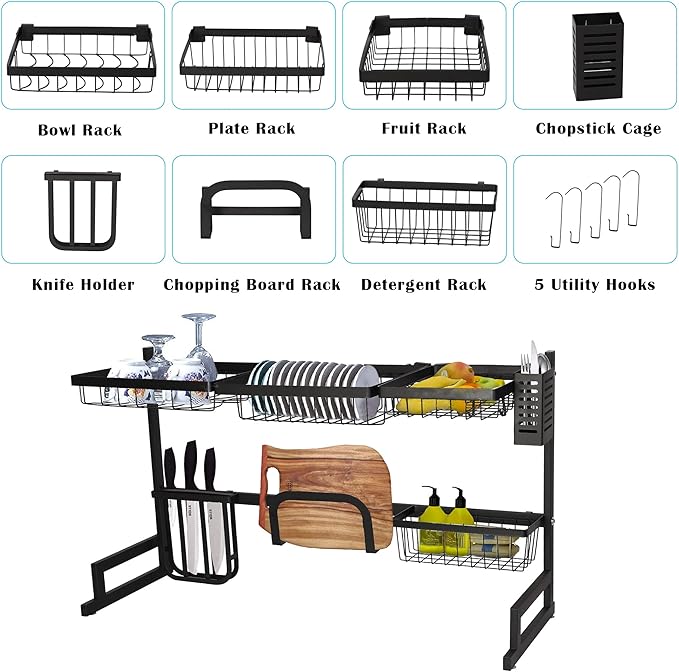 Over Sink Dish Drying Rack, 2 Tier Dish Drying Rack for 33.4", Versatile Dish Drainer Rack, Utensils Holder Kitchen Counter Storage Organizer, Countertop Space Saver, Stainless Steel