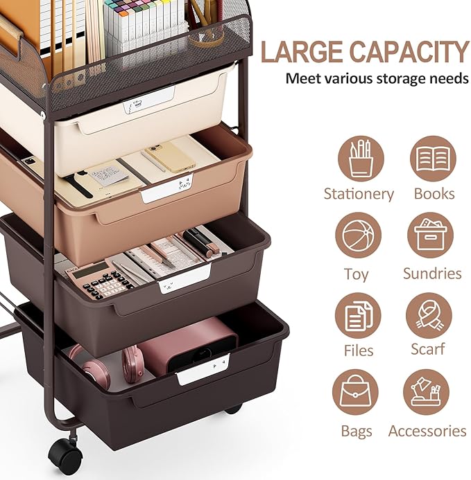 Rolling Cart with 4 Drawers,4 Tiers Rolling Utility Cart Craft Cart,Rolling Storage Drawer Cart with Mesh Top,Storage Cart with Drawers & 4 PCS DIY Lable, Brown