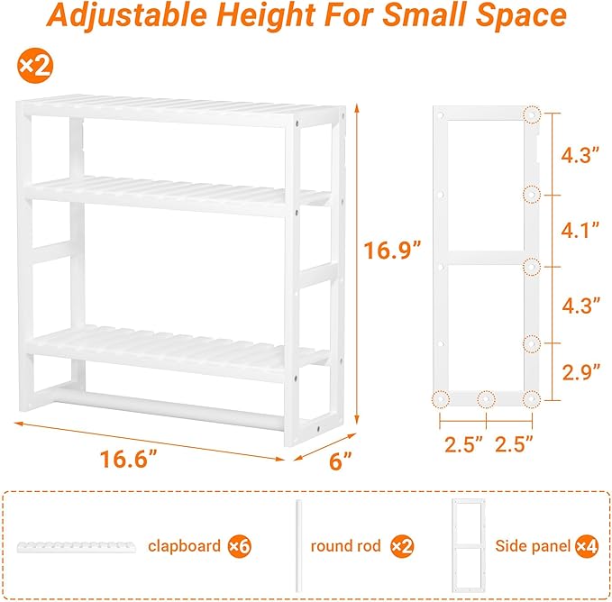 Towel Rack Bathroom Storage Shelves Over The Toilet with Towel Bar 100% Bamboo Adjustable Height Floating Shelf Wall Shower Shelf for Small Space Bathroom Kitchen Multi Usage (White-2Pack)