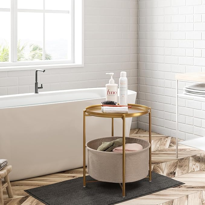 danpinera Round Side Table with Fabric Storage Basket, Pack of 2, Metal Side Table Small Bedside Nightstand with Removable Tray Top for Living Room, Bedroom, Nursery, Laundry, Gold-NeatNest