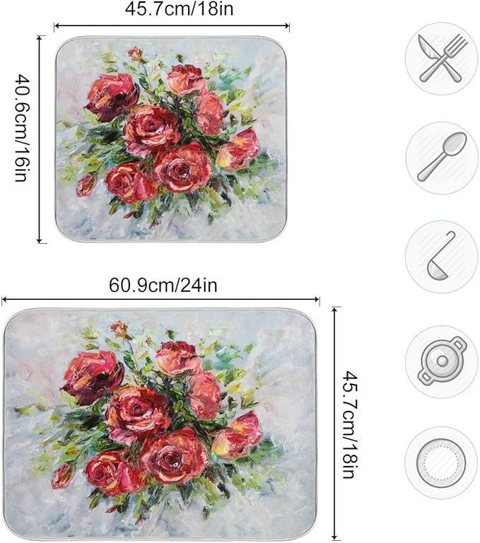 Absorbent Dish Drying Mat for Kitchen Counter - Red Rose Oil Painting Microfiber Drying Pad, Reversible Drainer Mats for Countertop, Large 18" x 24"