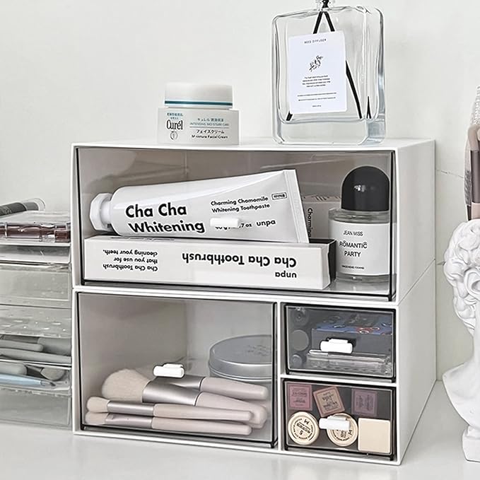 Desk Organizer Stackable Storage Drawers with 3 Compartments Stackable Drawers Great for Desk Storage, Makeup Storage Bathroom Organization Accessories Etc (White)-NeatNest