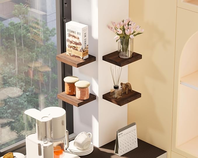 Floating Shelves for Wall – Solid Wood Square Design Wall Shelf with Hidden Brackets, Space Saving Storage & Decorative Display Shelf for Bathroom, Bedroom, Living Room & Kitchen