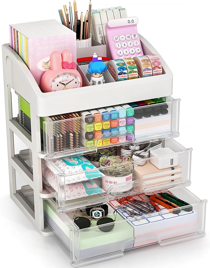 Desk Organizer with Drawers, 3 Drawers Storage Organizer, Desktop Storage Drawers for Office/School Supplies, Plastic Stationary Makeup Organizer, Desk Storage Box for Office, School, Home-NeatNest