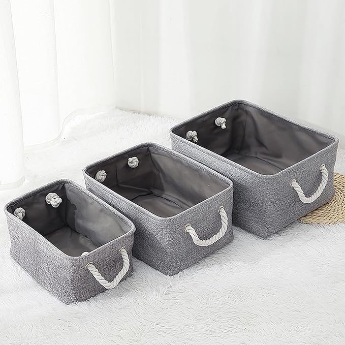 Fabric Storage Bins, 3 Pack Foldable Cube Baskets with Rope Handles, Large Collapsible Storage Cubes for Home, Office, Closet, Clothes, Books Organizer. (Gray, 3PCS/14*10.2*6.3inch)-NeatNest