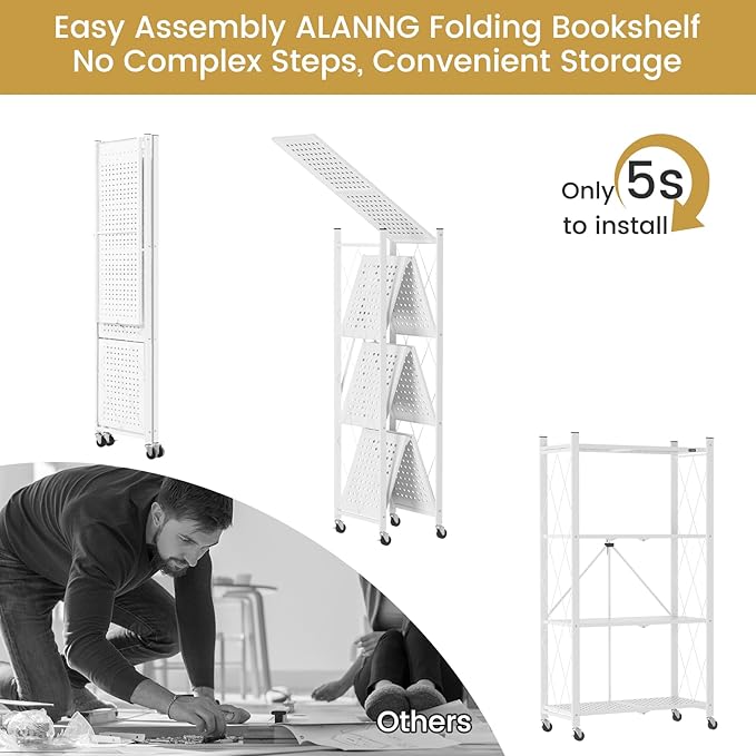 ALANNG Storage Shelves with Wheels, Bookshelf with Storage, No Assembly Metal Rack Cart for Kitchen, Office, Laundry, Garage (4 Tier, White)