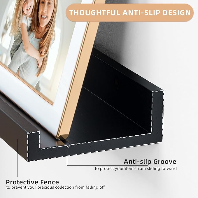 Floating Shelves for Wall, 16 inch Solid Wood Picture Ledge Shelf, Picture Shelf for Wall with Ledge, Floating Book Shelves for Living Room Bedroom Kitchen Nursery Decor, Black, Set of 2-NeatNest