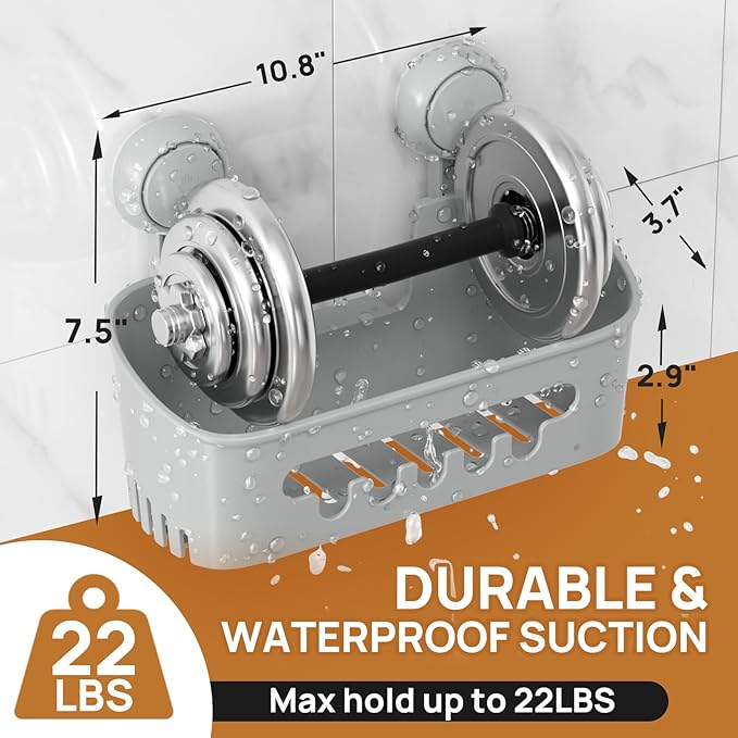 LEVERLOC Shower Caddy Suction Cup 2 Pack, Shower Organizer Removable Bathroom Shelf, Storage Suction Powerful Max Hold 22lbs Bathroom Caddy Waterproof Holder, Gray-NeatNest