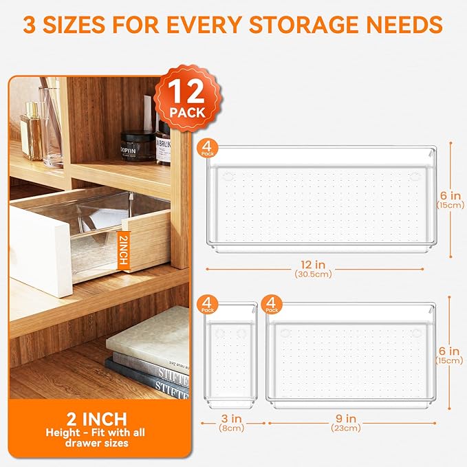 Criusia 12 Pack Large Clear Plastic Drawer Organizer Trays | MULTI-USE Acrylic Drawer Storage for Kitchen, Bathroom, Makeup, Office, School, Undies | College Dorm Room, Home Apartment Essentials-NeatNest