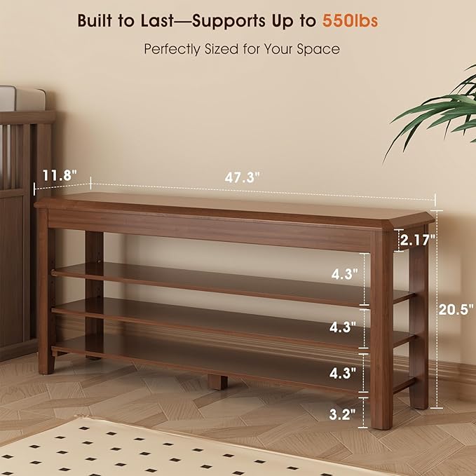 Shoe Rack Bench Seat Rubberwood 3-Tier Wooden Storage Bench 550lbs Compact Mid-Century Modern Design for Entryway, Hallway, Closet, Front Door Entrance, Foyer