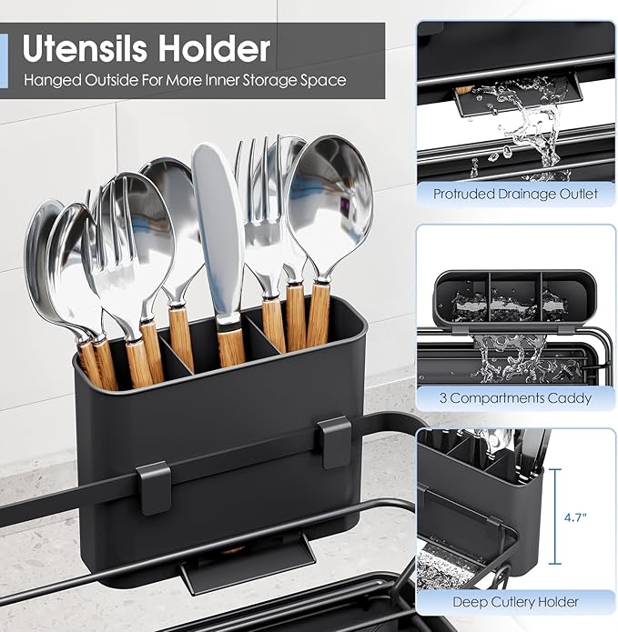 Dish Drainers for Kitchen Counter - Large Capacity Dish Drying Rack with Drainboard, Rustproof & Sturdy Design, Black Dish Rack Perfect for Plates, Cups & Kitchen Countertop Organization