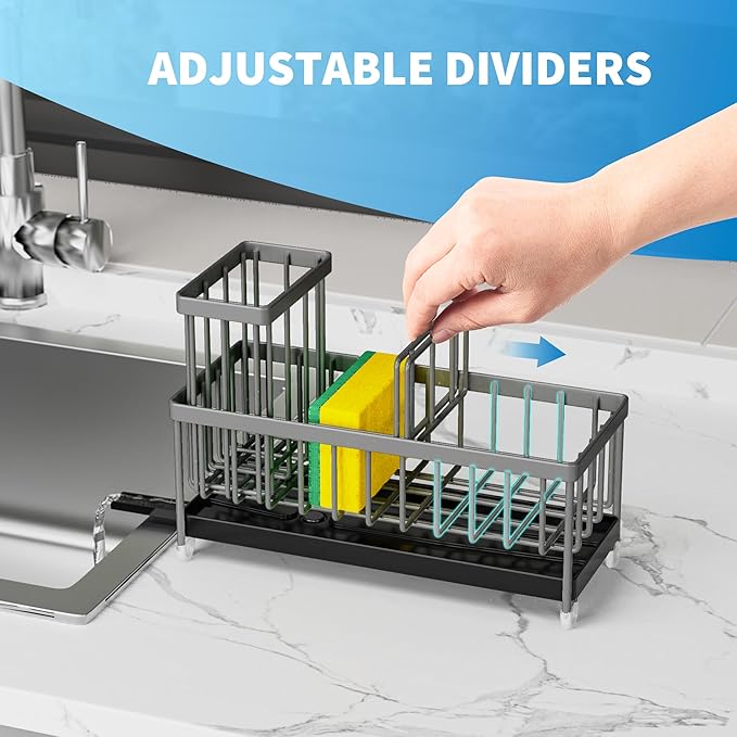 Cisily Charcoal Gray Sponge Holder for Kitchen Sink, Sink Caddy Organizer with High Brush Holder, Kitchen Countertop Organizers and Storage Essentials, Rustproof 304 Stainless Steel-NeatNest