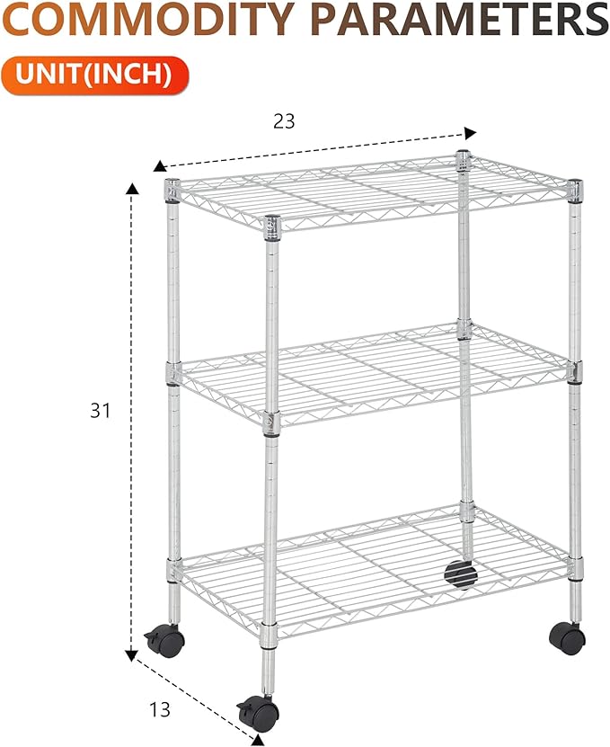 BestOffice 3-Tier Adjustable Wire Shelving Storage Shelves Heavy Duty Shelving Unit with Wheels for Small Places Kitchen Garage Balcony,Chrome-NeatNest