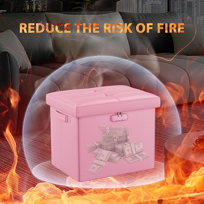 DocSafe Storage Ottoman Foot Rest Stool with Lock & Handles, Fireproof Folding Leather Footstool Bench with Storage Safe for Living Room Bedroom, Home Office, Dorm, 17x13x13in, Pink-NeatNest