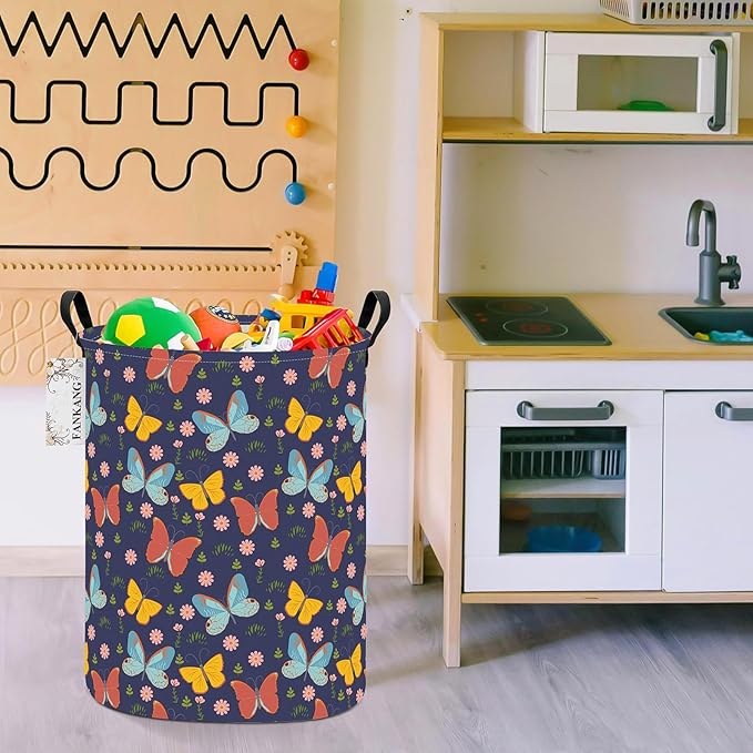 FANKANG Storage Basket, Nursery Hamper Canvas Laundry Basket Foldable with Waterproof PE Coating Large Storage Baskets for Kids Boys and Girls, Office, Bedroom, Clothes,Toys(Colorful Butterfly)